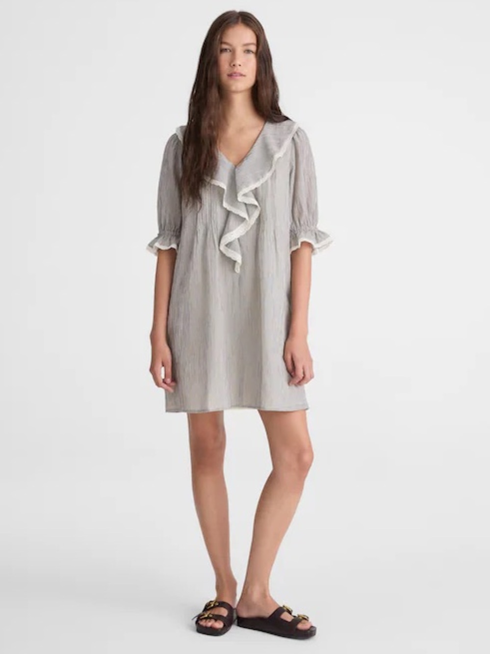 Madewell The Blaire Mini Dress Small Black Ivory Micro Stripe Lace Ruffle V Neck